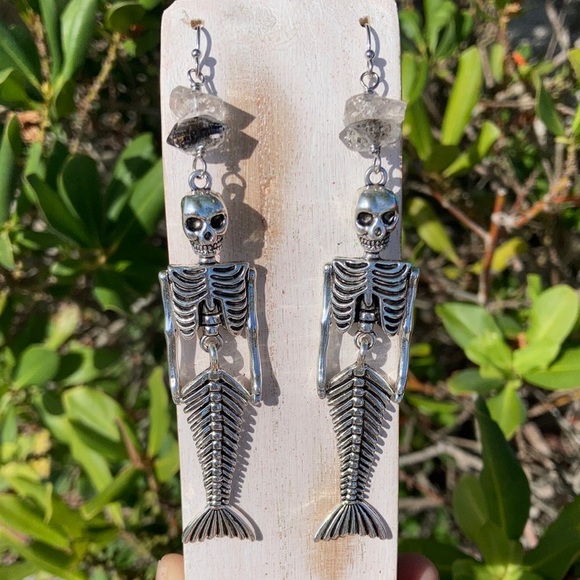 Herkimer Goth Skeleton Mermaid Earrings - Picture 2 of 6